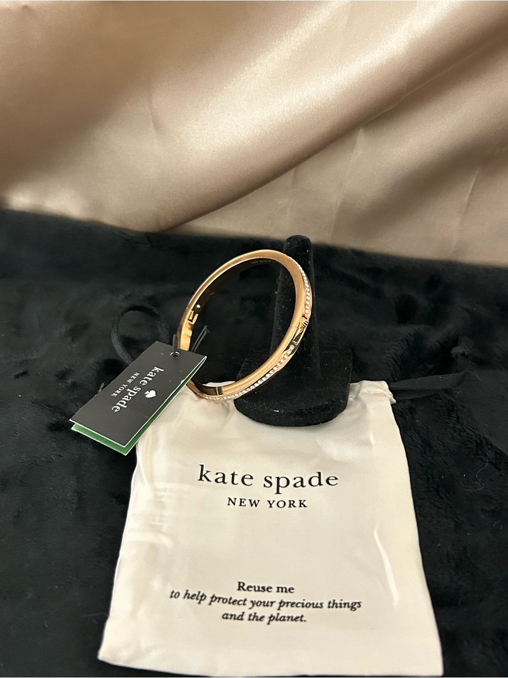 kate spade Rose Gold Hinged Bangle Bracelet Line of Clear Crystal